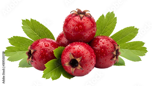 Vibrant red hawthorn berries isolated on transparent background with green leaves