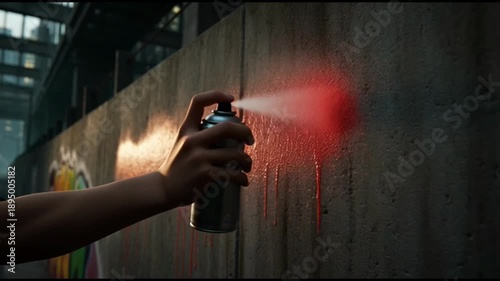 Urban artist's hand sprays red paint on a rough concrete wall in front of a city street at dusk, highlighting street art and vandalism.
