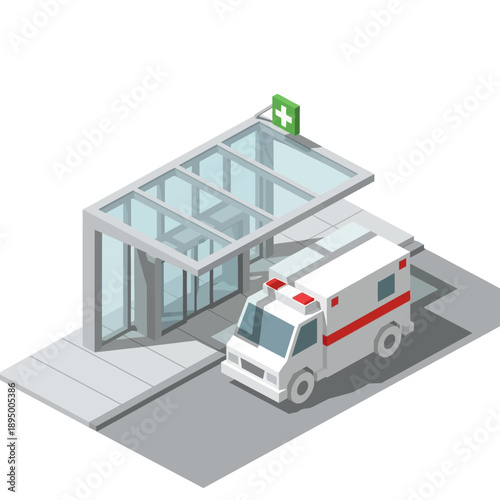Ambulance parked outside modern hospital entrance with glass canopy.