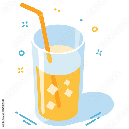Refreshing glass of orange juice with ice cubes and straw on white background