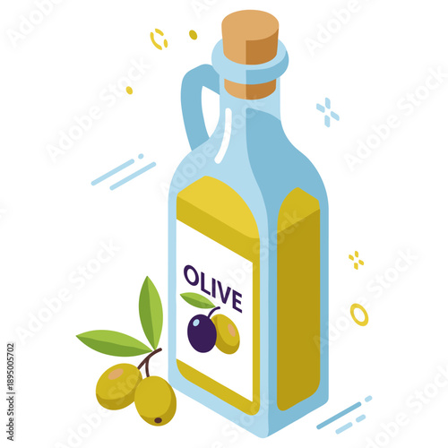 Isometric olive oil bottle with olives and leaves on white background