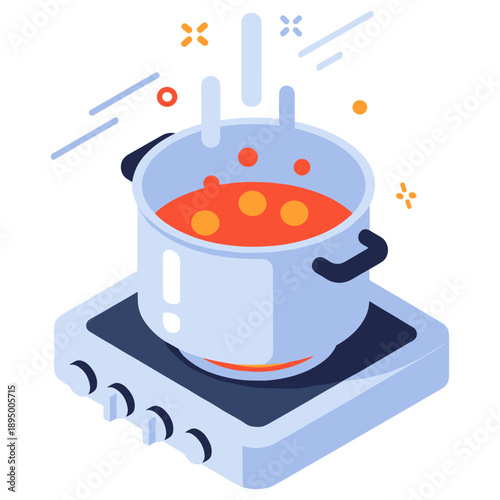 Isometric illustration of soup boiling on a stove in an enamel pot