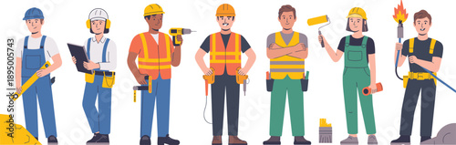 Professional construction workers characters set wearing safety gear holding tools flat vector illustration for building renovation maintenance industry projects