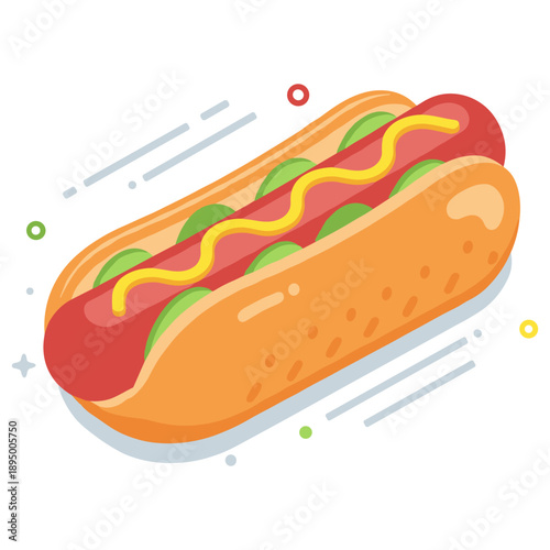 Cartoon hot dog with mustard and pickles on a bun