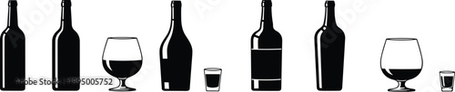 Black and white vector illustration set of alcoholic beverage bottles and glass silhouettes including wine spirits cognac and shot glasses for bar menu design