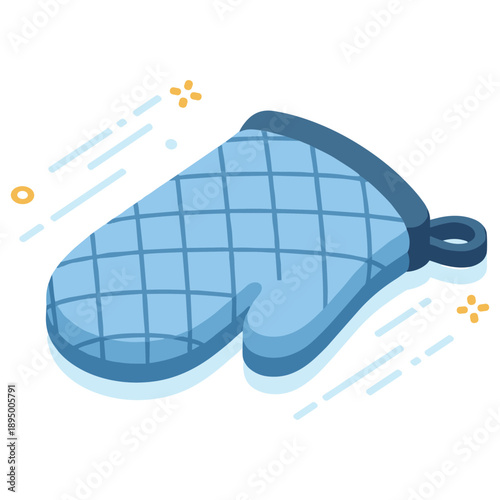 Blue quilted oven mitt floating on white background with decorative elements