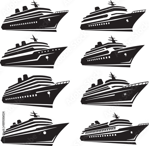 Collection of Black Cruise Ship Silhouettes on White Background