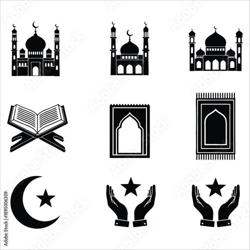 Sacred Icons of Faith: A collection of symbolic elements, including mosques, prayer rugs, the crescent moon with a star, and hands raised in reverence, embodies the essence of a revered culture. 