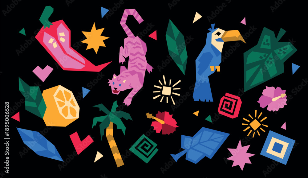 Obraz premium Tropical Vector Sticker Set – Jungle Animals, Exotic Fruits and Leaves