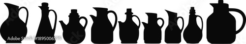 Black ceramic pitcher silhouettes in a row isolated on white background for kitchen decor olive oil bottle labels pottery catalog and rustic restaurant menu design