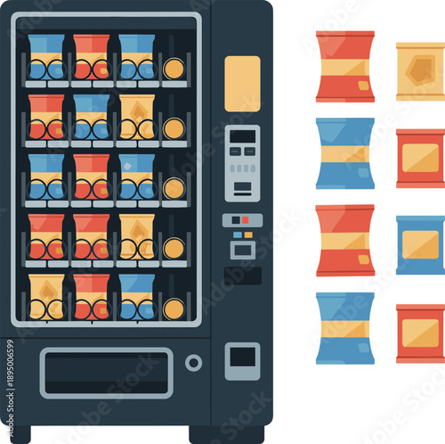 Snack vending machine vector illustration featuring modern automatic food dispenser with packaged chips and snacks isolated for commercial interior design use