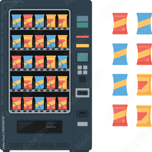 Snack vending machine vector illustration showing modern automatic food dispenser with packaged chips isolated for retail commercial interior design use