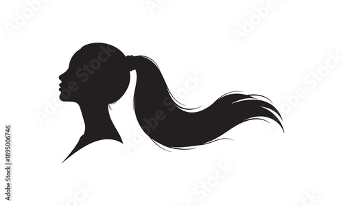 Stylized female silhouette with a long, voluminous ponytail flowing dramatically.