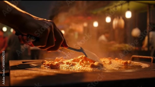 Street food vendor prepares golden fried snacks in bubbling oil over a wok at a bustling night market, capturing culinary traditions.