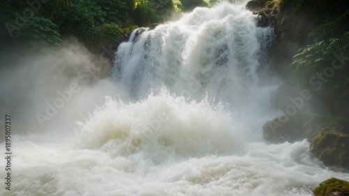 Majestic waterfall cascades down lush green cliffs in a vibrant jungle, surrounded by mist and dense foliage, evoking nature's power and beauty.