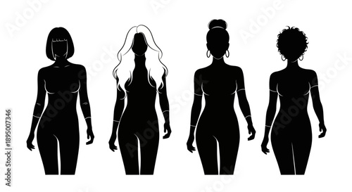 Diverse Silhouettes of Women Showcasing Different Hairstyles and Body Types.