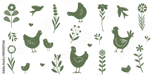 Isolated Folk Farm Animals and Floral Elements Set, Hand Drawn Chicken and Hen Illustrations. Doodle Rustic Vector Clipart Set. Chicks, Birds and Flowers on a white background.