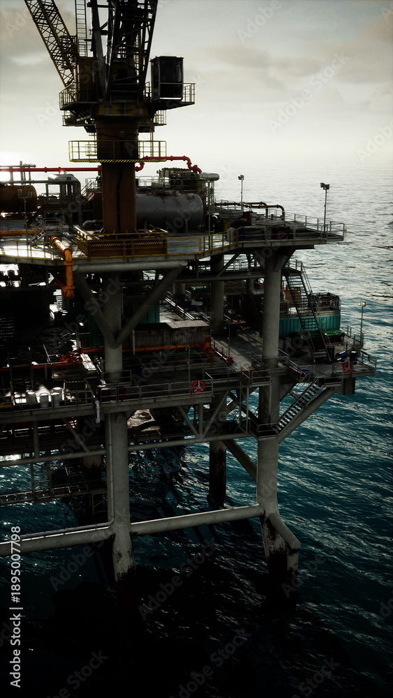Fototapeta premium offshore oil platform closeup of structure with columns and catwalks, industrial textures and bolted joints highlighted, scene conveys durability and engineered