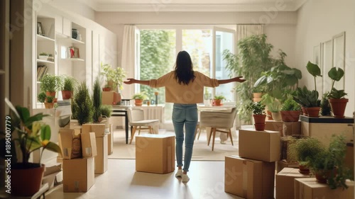 A woman stands amidst moving boxes and potted plants, looking into her bright, spacious new home.