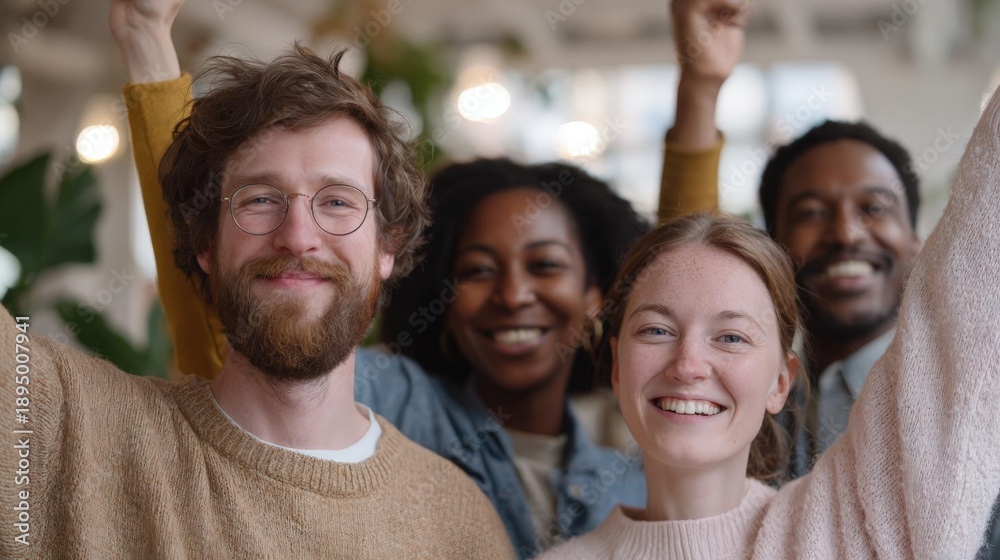 Obraz premium Group of four people, two men and two women, standing in a room with their arms raised in the air. they are all smiling and appear to be happy and excited.