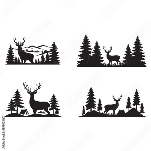 Wild Deer in Fir Tree Forest Silhouette Camping Panorama Logo Vector
