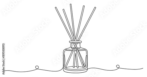Minimalist continuous line drawing of reed diffuser with sticks. Non editable stroke