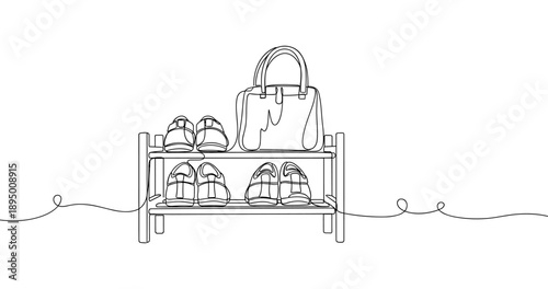 Minimalist shoe and bag holder illustration with sneakers and handbag. Non editable stroke
