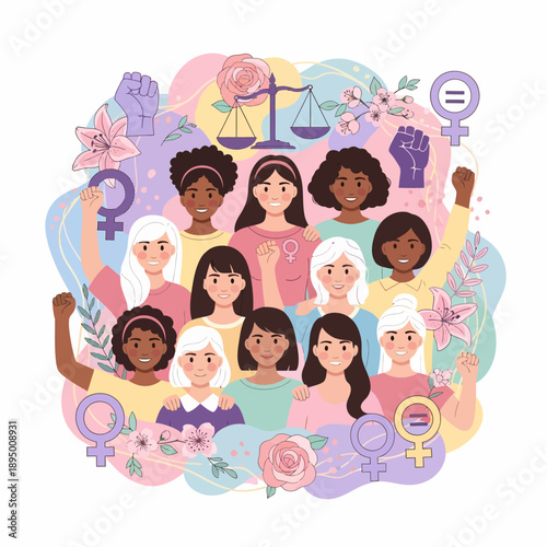 Diverse group of women celebrating unity and empowerment surrounded by feminist symbols and flowers.