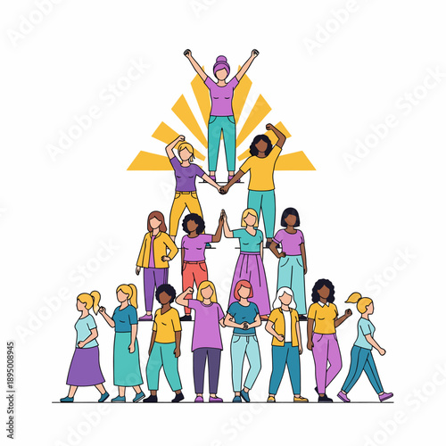 A diverse group of women forming a human pyramid, symbolizing strength, unity, and empowerment with a triumphant woman at the apex.