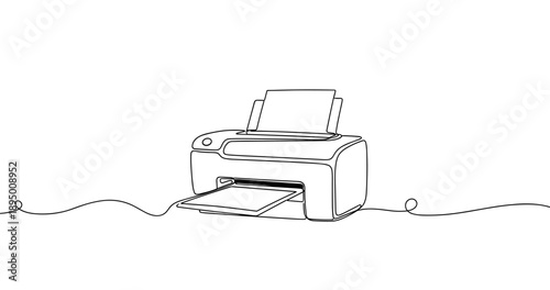 Minimalist line art of inkjet printer with printed sheet and cable. Non editable stroke