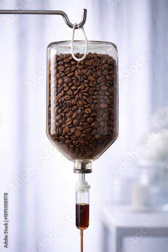 IV Infusion Bag Filled with Coffee Beans and Coffee-Colored Liquid as Caffeine Energy Concept