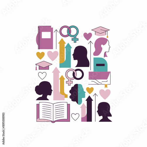 A vibrant illustration depicting women's empowerment, education, and gender equality with female silhouettes, books, graduation caps, and upward arrows.