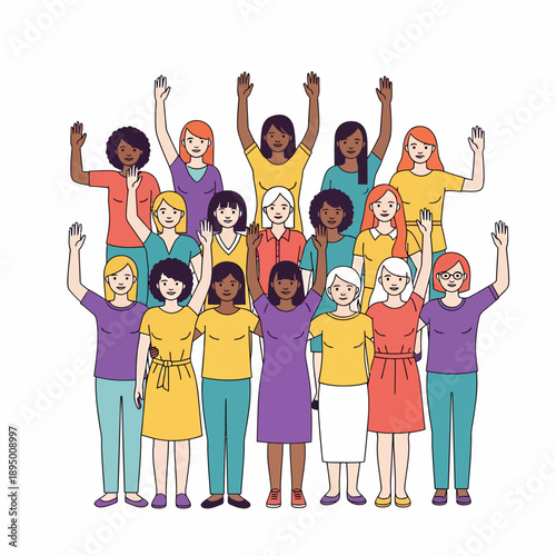 A diverse group of women standing together with raised hands, symbolizing unity, empowerment, and community.