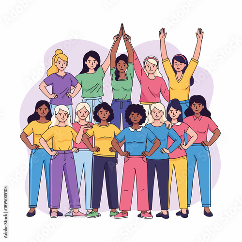 A diverse group of empowered women standing together in a supportive pyramid formation, smiling and raising their arms.