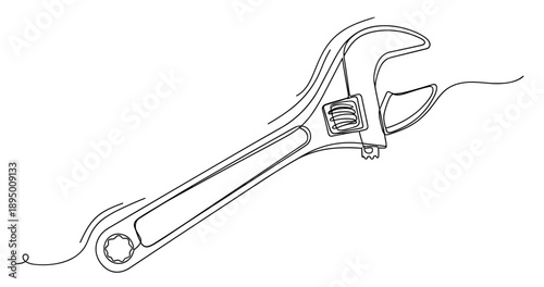 Line drawing of adjustable wrench on white background for tool design. Non editable stroke