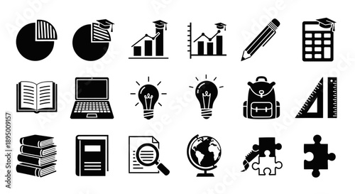 Education and learning icons set with graduation cap and books.