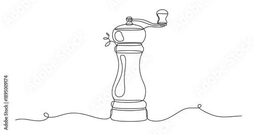 Continuous line art of vintage pepper mill with elegant curves and hand crank. Non editable stroke