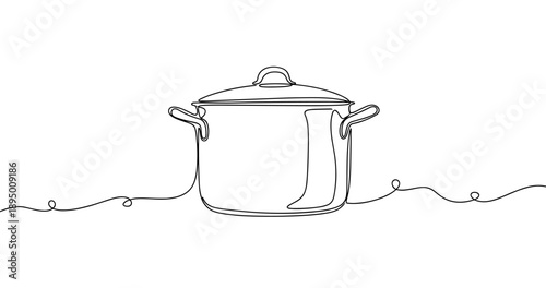 Minimalist single-line drawing of a cooking pot with handles and lid. Non editable stroke