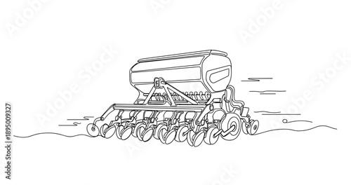 Outline drawing of agricultural seed drill machine in field. Non editable stroke