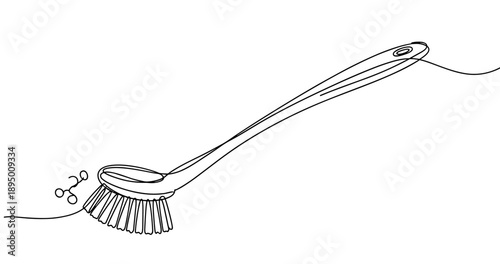 Black and white drawing of a dish brush with bubbles on handle. Non editable stroke
