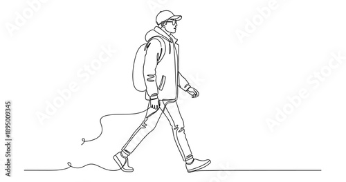 Sketch of young caucasian male walking with backpack and cap. Non editable stroke