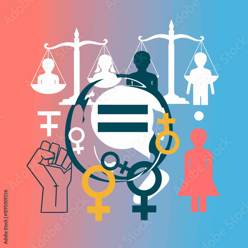 A vibrant illustration symbolizing gender equality, social justice, and feminism with diverse gender symbols, scales of justice, and a raised fist.