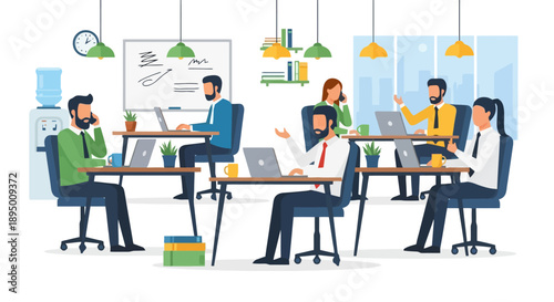 Diverse team collaborating in a modern open plan office environment.