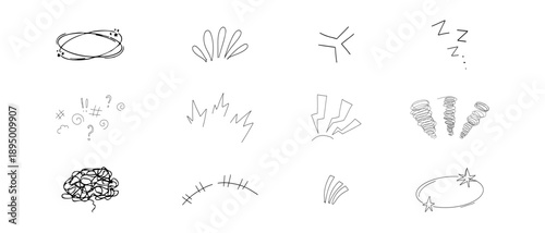 Expressions movement simple doodle hand drawn set. Comic manga effect motion. Expression shapes, anime for character emotion.