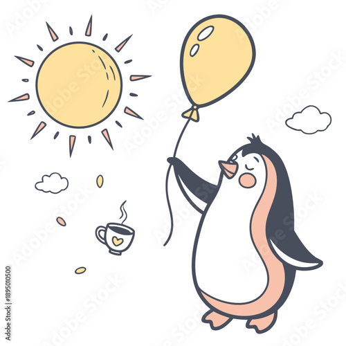 Charming SVG of a Content Emperor penguin featuring with a balloon, styled in a Morning sunshine theme with Sunny Mornings hues