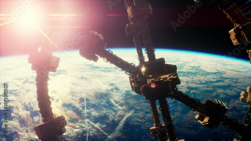 Foto Orbital cargo hub and docking ring over Earth, cargo modules and transfer arms v