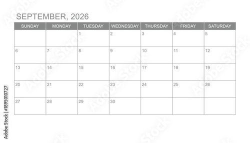 Classic monthly calendar for 2026 on white background with gray color. week starts on sunday. simple september 2026 calendar template. new monthly planner design