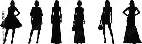 Black silhouette collection of fashion model women in elegant evening dresses and stylish poses isolated on white background for high end clothing design