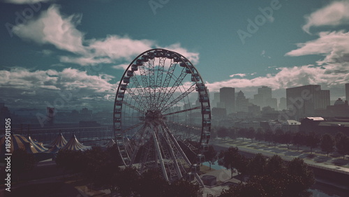 Fotografie Moody city skyline with ferris wheel, gritty waterfront carnival framed by low c