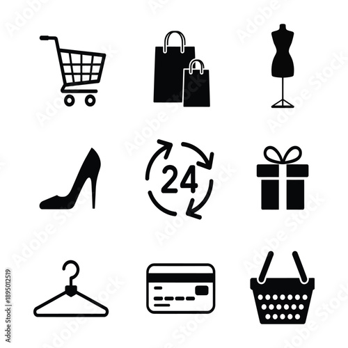 Shopping icons set including cart bags mannequin high heel 24 hours service gift box hanger credit card and retail market basket